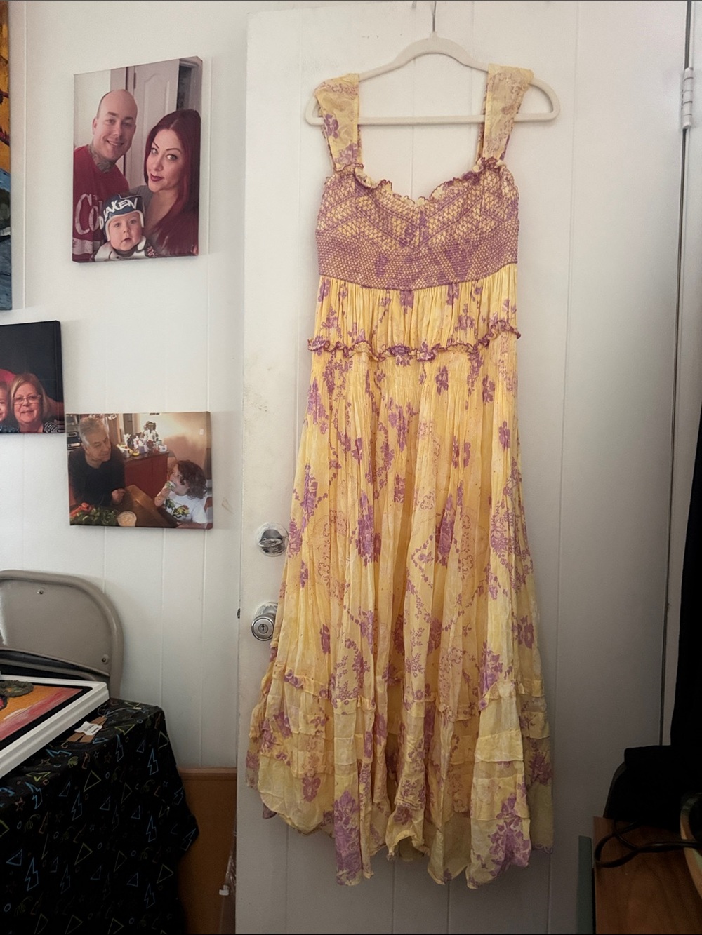 Yellow Floral Ruffled Maxi Dress with Purple Accents boho festival